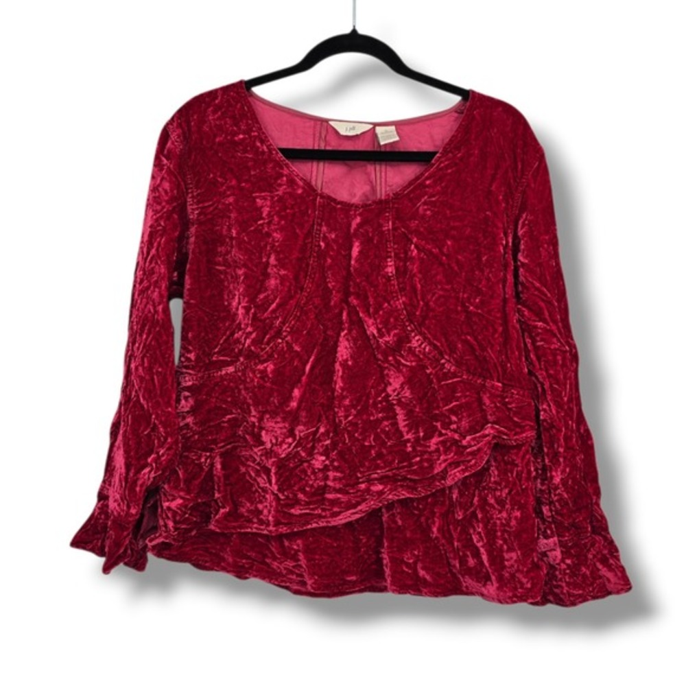 J. Jill Womens 1X Crushed Velvet Blouse Red Asymmetrical Ruffle Hem Long Sleeve